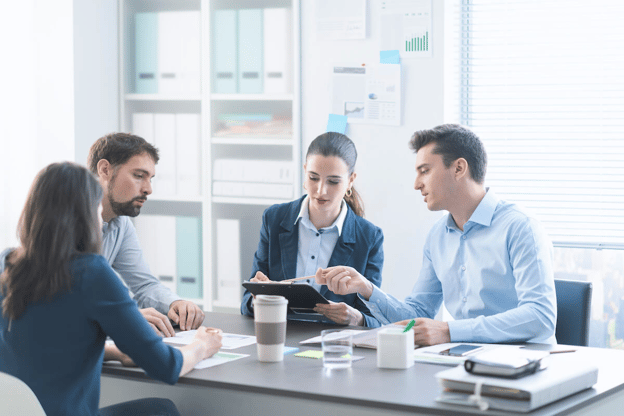 Employees discussing something